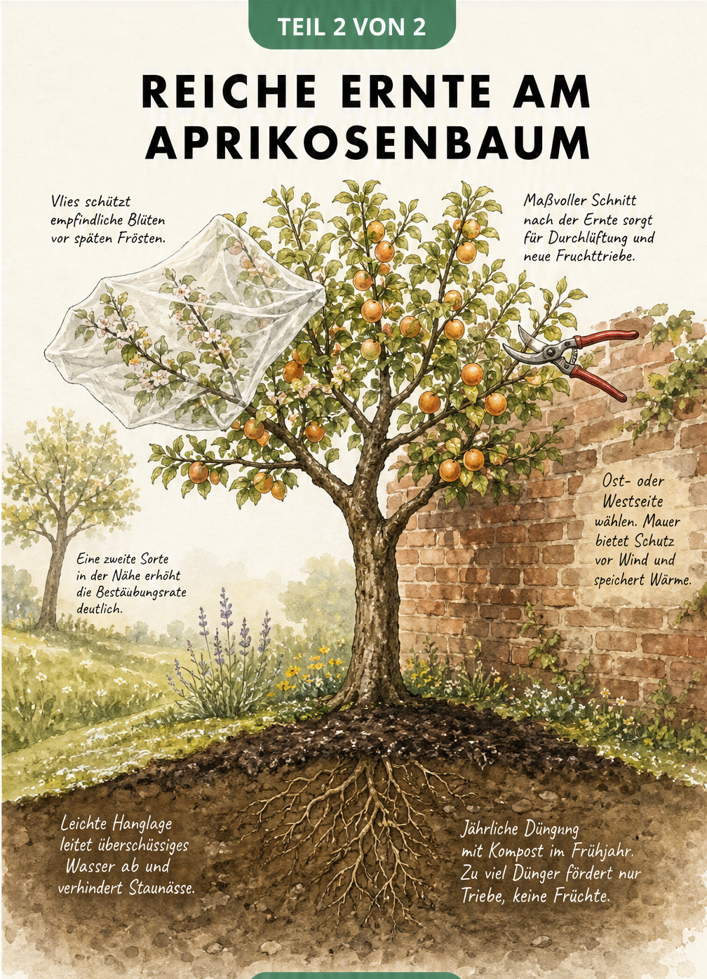 Querschnitt eines Gartens mit Aprikosenbaum an einer Ziegelmauer, der Standort, Düngung, Frostschutz und Schnitt zeigt