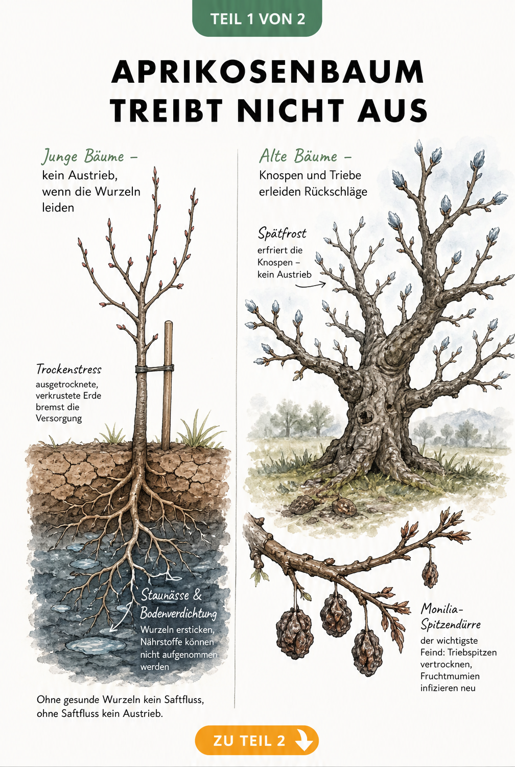 Illustration eines jungen und alten Aprikosenbaums, die Ursachen für fehlenden Austrieb wie Staunässe, Trockenstress und Monilia-Spitzendürre zeigt.