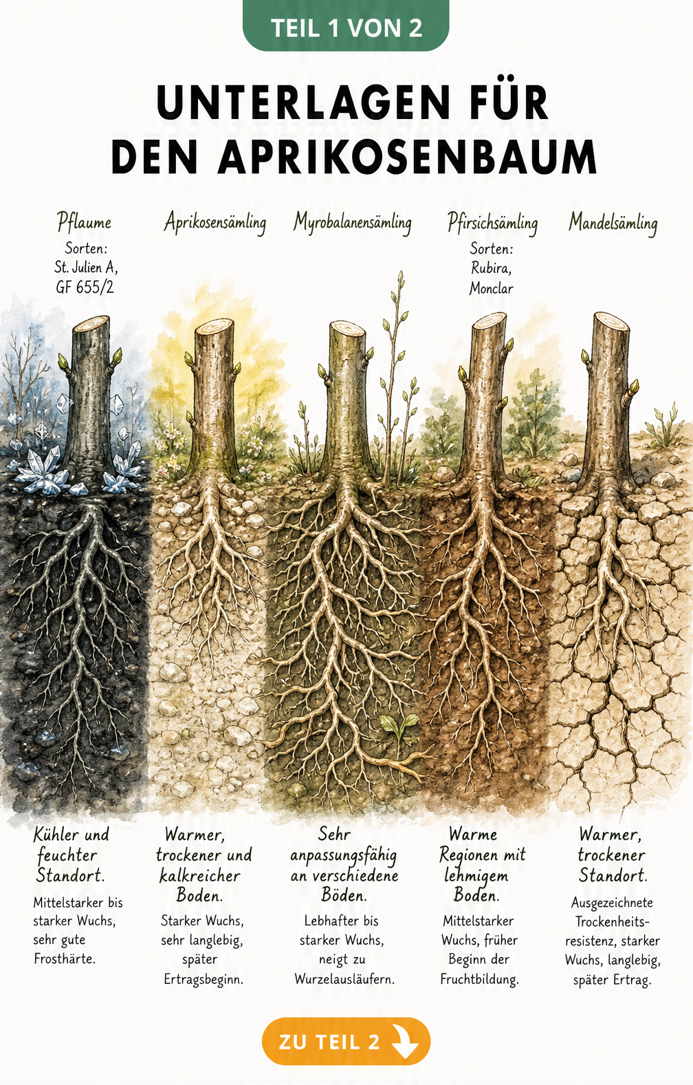Botanische Illustration von fünf Baumstümpfen mit Wurzelsystemen, die verschiedene Unterlagen für Aprikosenbäume wie Pflaume, Aprikosensämling,...