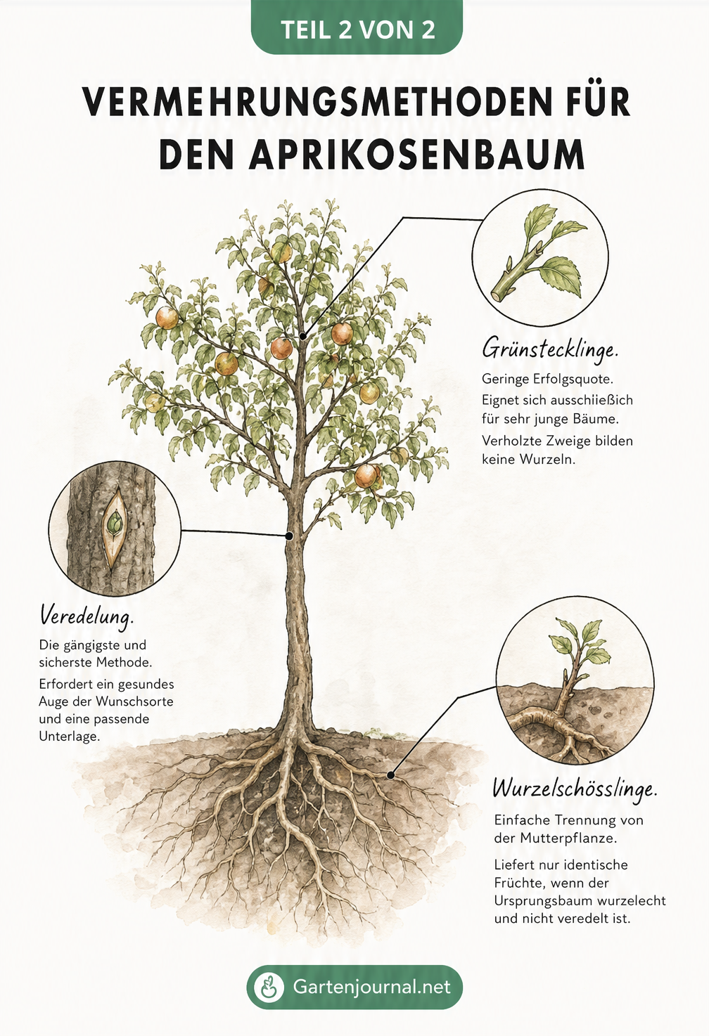 Botanische Illustration: Vermehrungsmethoden für den Aprikosenbaum durch Grünstecklinge, Veredelung und Wurzelschösslinge