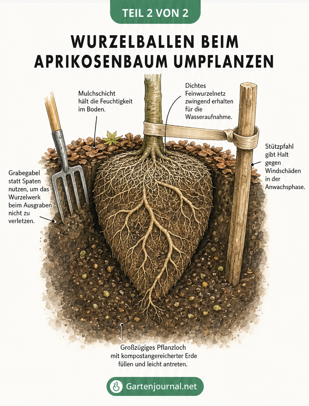 Querschnitt durch das Erdreich mit dem Herzwurzel-System eines Aprikosenbaums im Pflanzloch, gestützt durch einen Pfahl und abgedeckt mit Mulch