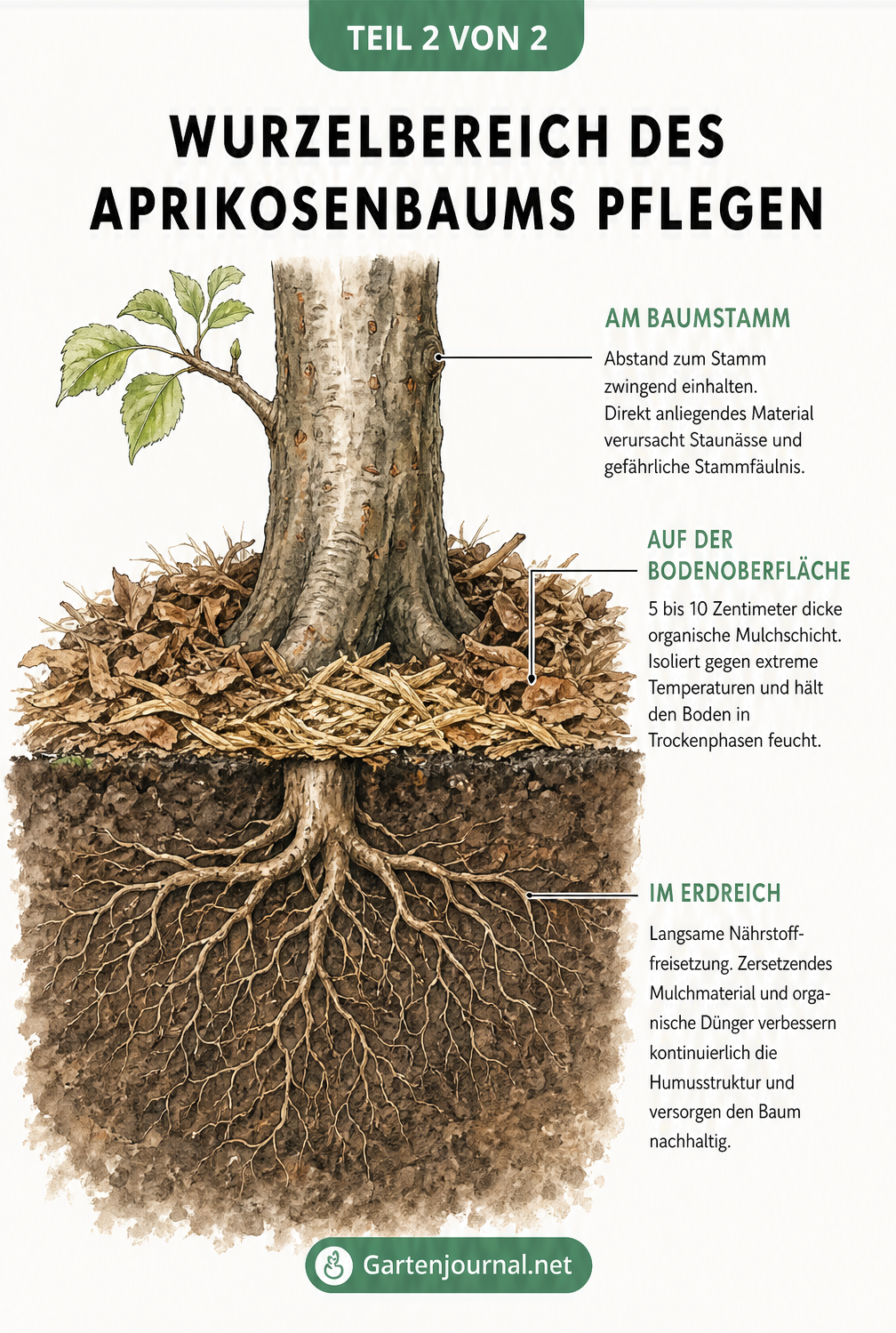 Querschnitt-Zeichnung des Wurzelbereichs eines Aprikosenbaums mit Mulchschicht und Hinweisen zum Abstand am Stamm.