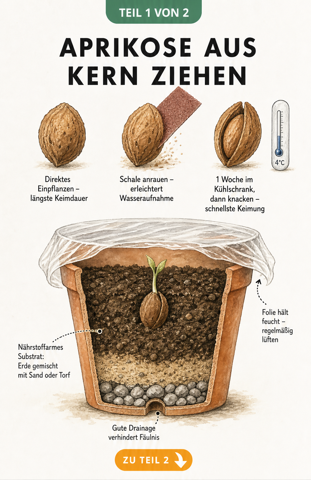 Illustration eines Pflanztopfes im Querschnitt mit drei Aprikosenkernen, die verschiedene Vorbereitungsmethoden zur Keimung zeigen.