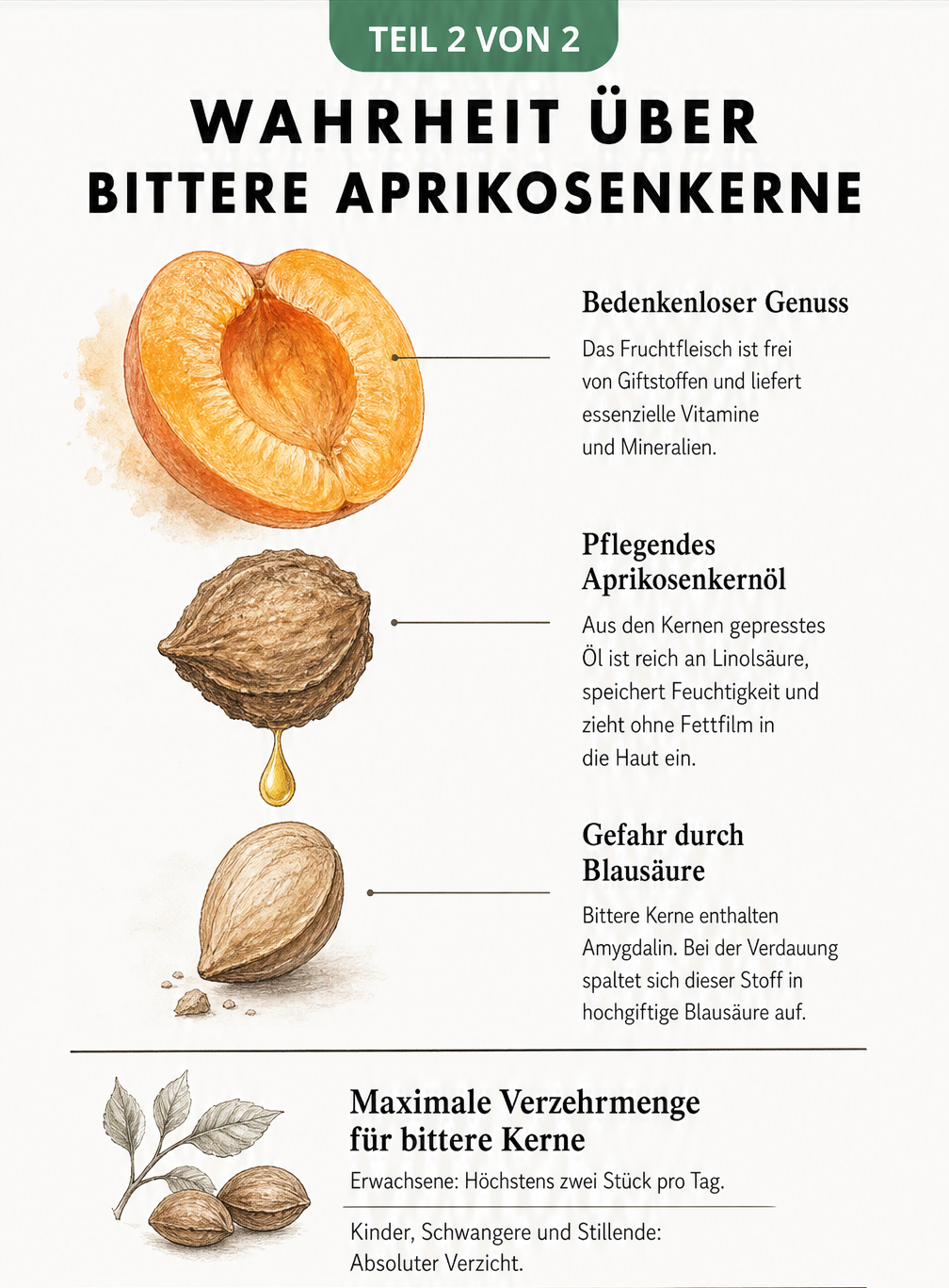 Schnittzeichnung einer Aprikose, die Fruchtfleisch, holzigen Stein und den inneren Kern zeigt
