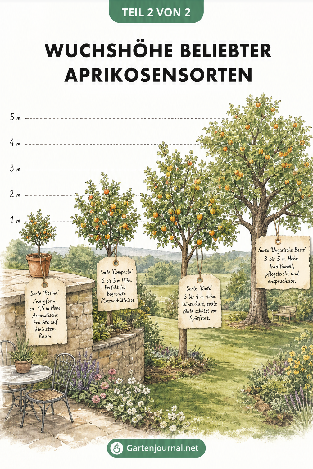 Gartenszene mit vier Aprikosensorten an ihren idealen Standorten und deren Wuchshöhen: Rosina, Compacta, Kioto und Ungarische Beste.