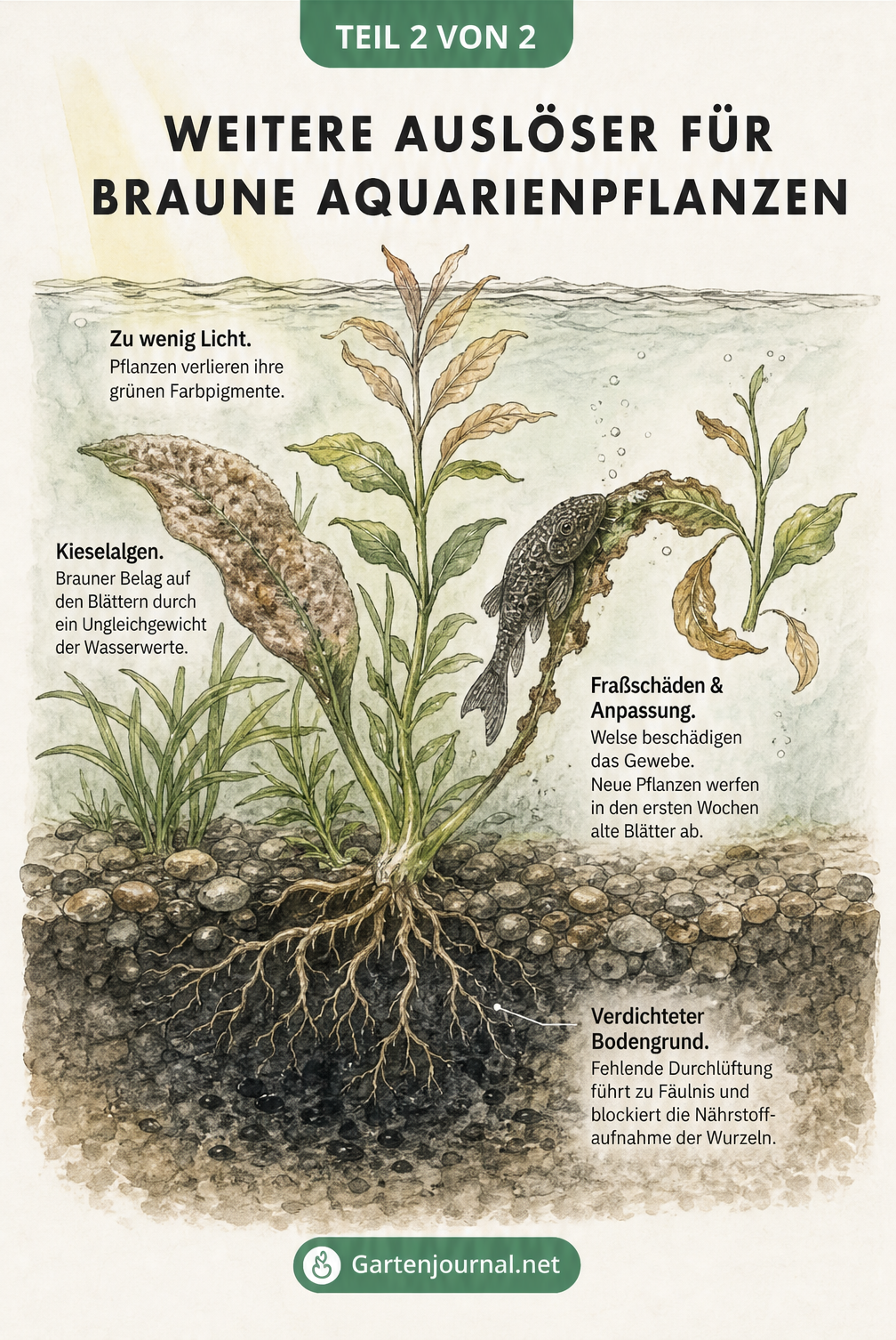 Querschnitt durch ein Aquarium, der Ursachen für braune Pflanzen wie zu wenig Licht, Kieselalgen, Fraßschäden durch Welse und verdichteten Bodengrund...