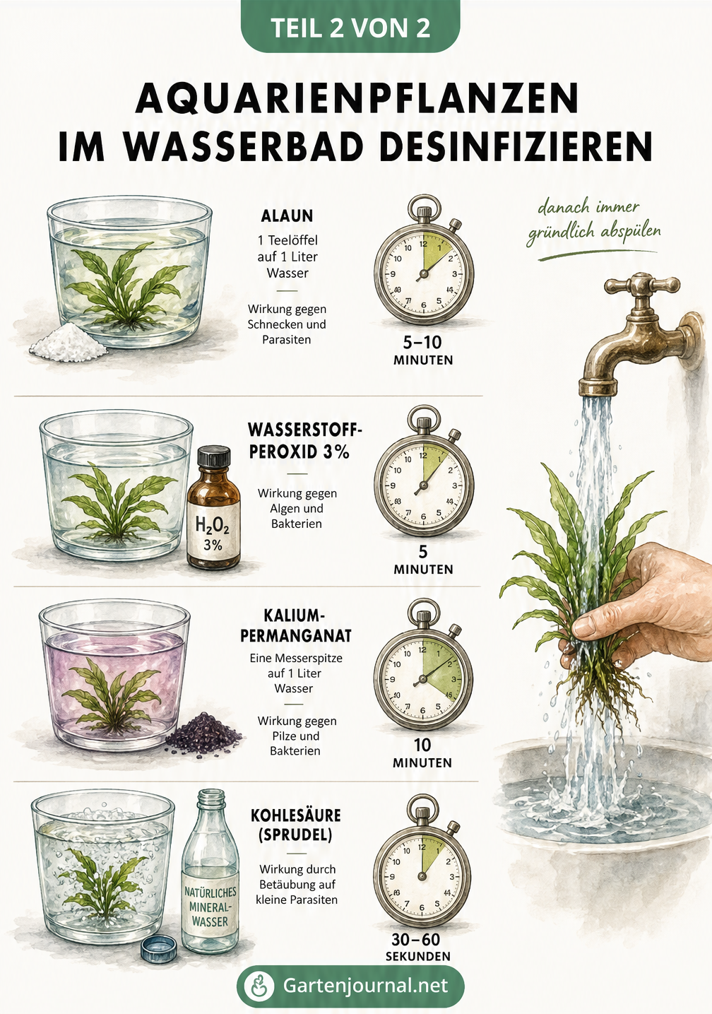 Vier Bechergläser mit Aquarienpflanzen in verschiedenen Desinfektionsbädern: Alaun, Wasserstoffperoxid, Kaliumpermanganat und Sprudelwasser