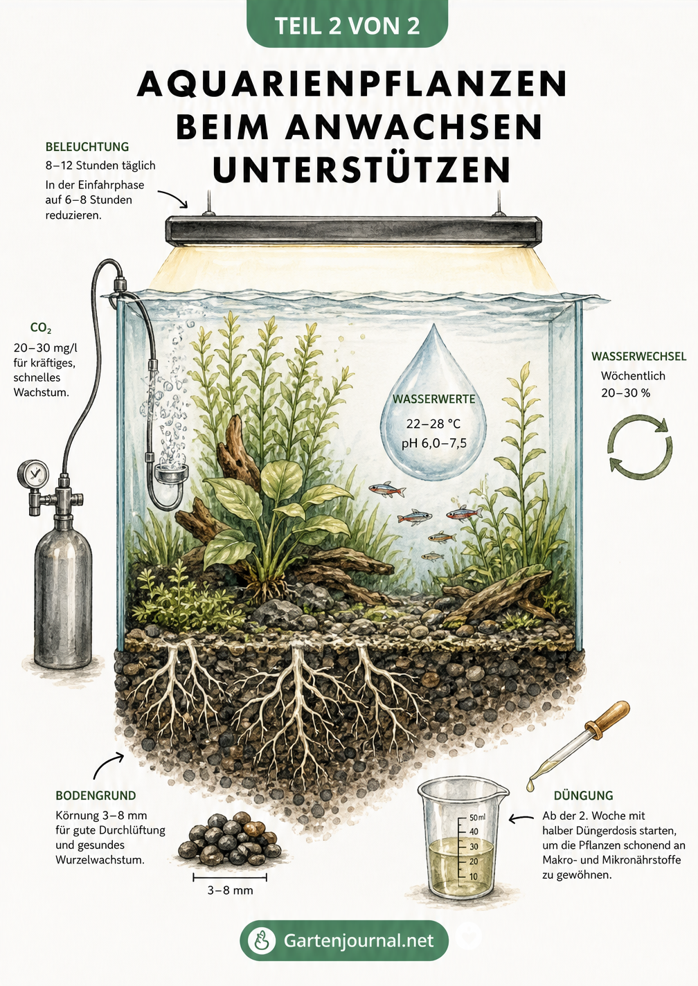 Querschnitt durch ein bepflanztes Aquarium mit idealen Bedingungen: Beleuchtungsdauer, CO2-Konzentration, Wassertemperatur, pH-Wert und Bodengrund.