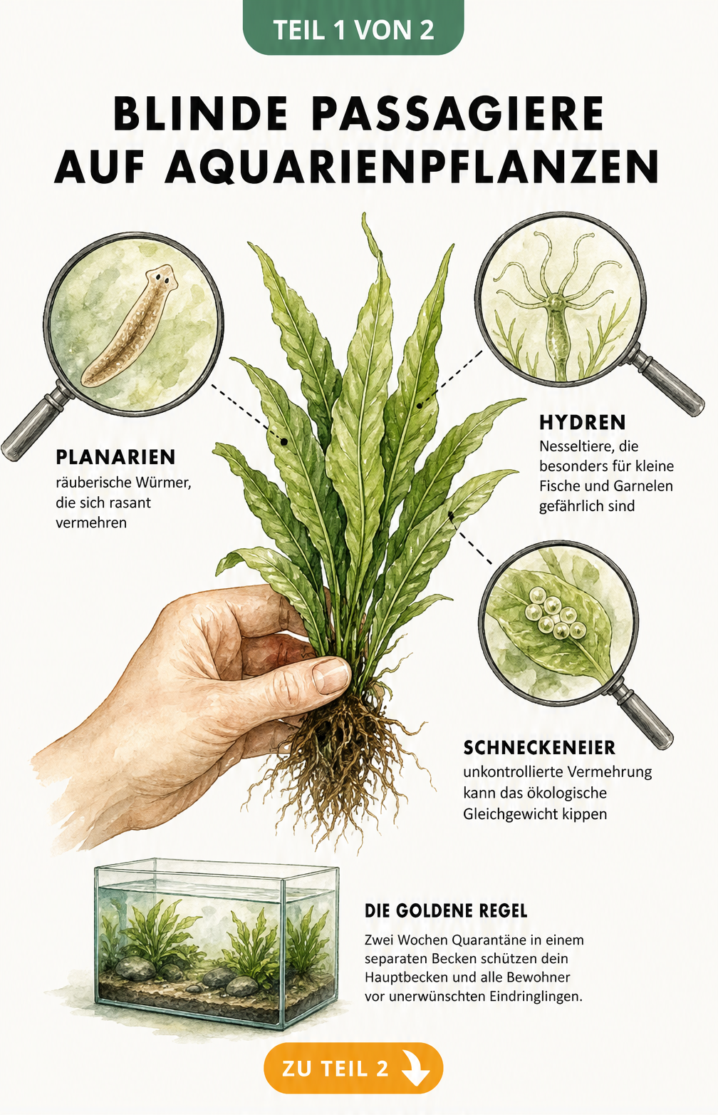 Illustration einer Aquarienpflanze mit Vergrößerungsgläsern, die Planarien, Hydra und Schneckengelege zeigen