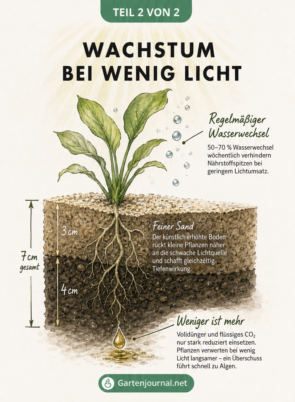 Querschnitt durch den Aquariumboden mit einer Pflanze, die aus einem 7 cm hohen Bodengrund in Richtung Licht wächst, inklusive Wasserwechsel- und...