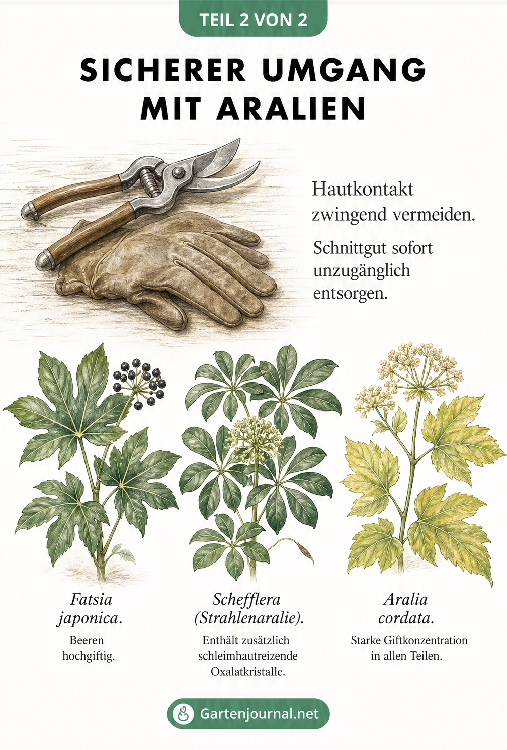 Zeichnung von Gartenschere und Handschuhen sowie drei Aralien-Arten mit Hinweisen zur Giftigkeit