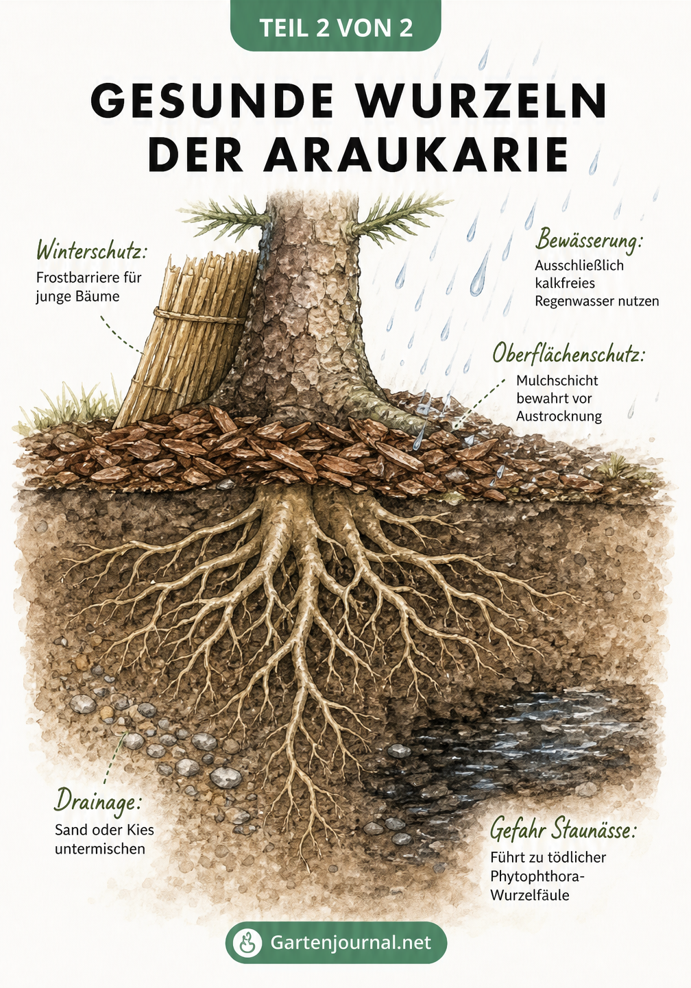 Illustration des Stammfußes einer Araukarie mit Mulchschicht, Drainage und Winterschutz