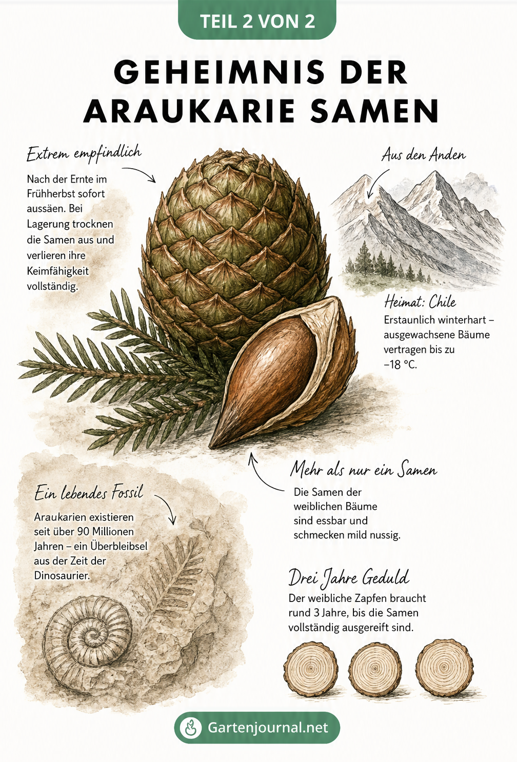 Illustration eines weiblichen Araukarienzapfens und eines vergrößerten Samens mit Herkunftsinformationen