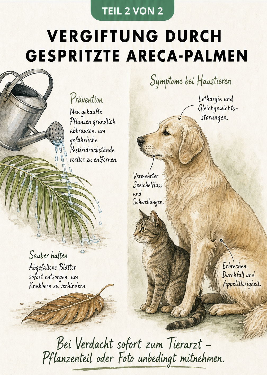 Illustration einer Gießkanne, die eine Areca-Palme abbraust, sowie Symptome bei Hund und Katze durch Pestizide.