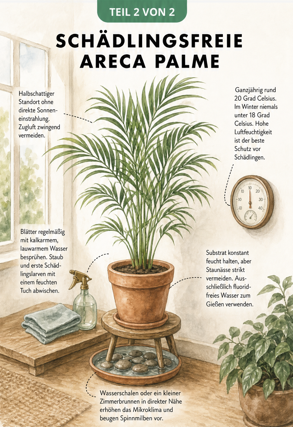 Illustration einer gesunden Areca Palme im Raum mit Tipps zu Standort, Temperatur, Gießen und Luftfeuchtigkeit