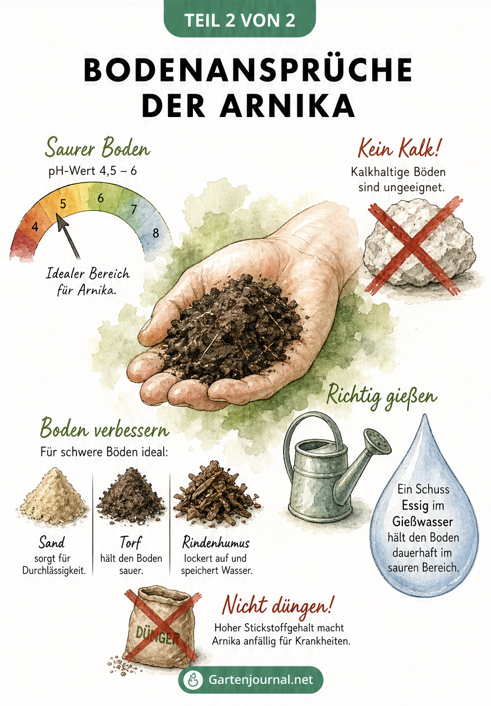 Illustration einer Hand mit dunkler Erde, Messskala für sauren pH-Wert, Gießkanne und Bodenverbesserern