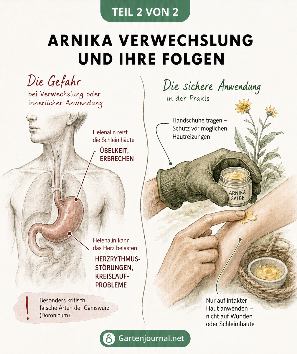 Illustration der gesundheitlichen Folgen bei Arnika-Verwechslung und der sicheren Anwendung
