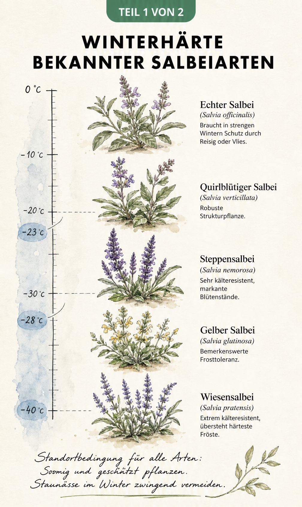 Illustration verschiedener Salbeiarten mit ihren Aromen und kulinarischen Verwendungen