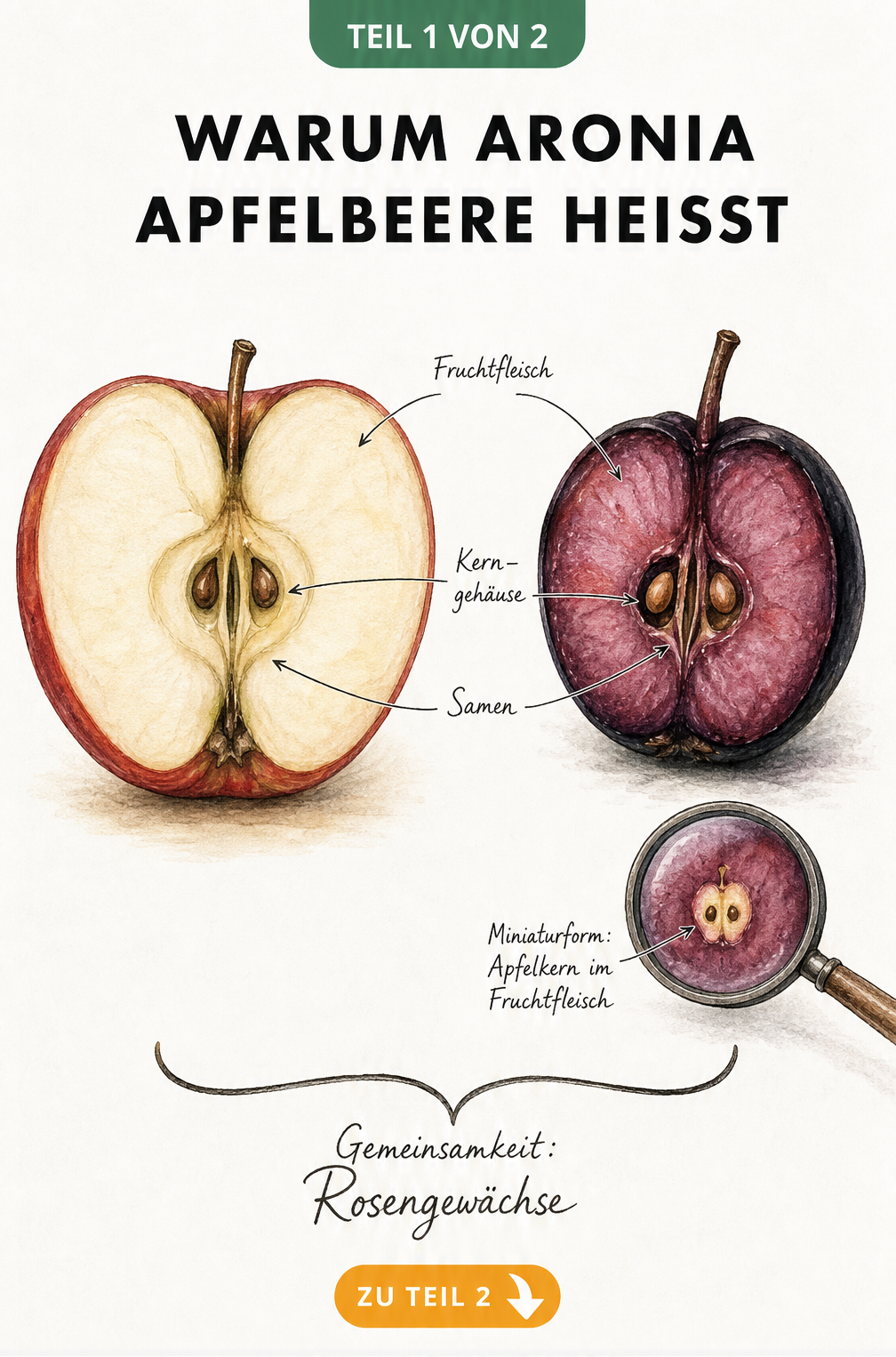 Botanische Illustration eines Apfels und einer Aroniabeere im Größenvergleich mit Fokus auf das Kerngehäuse