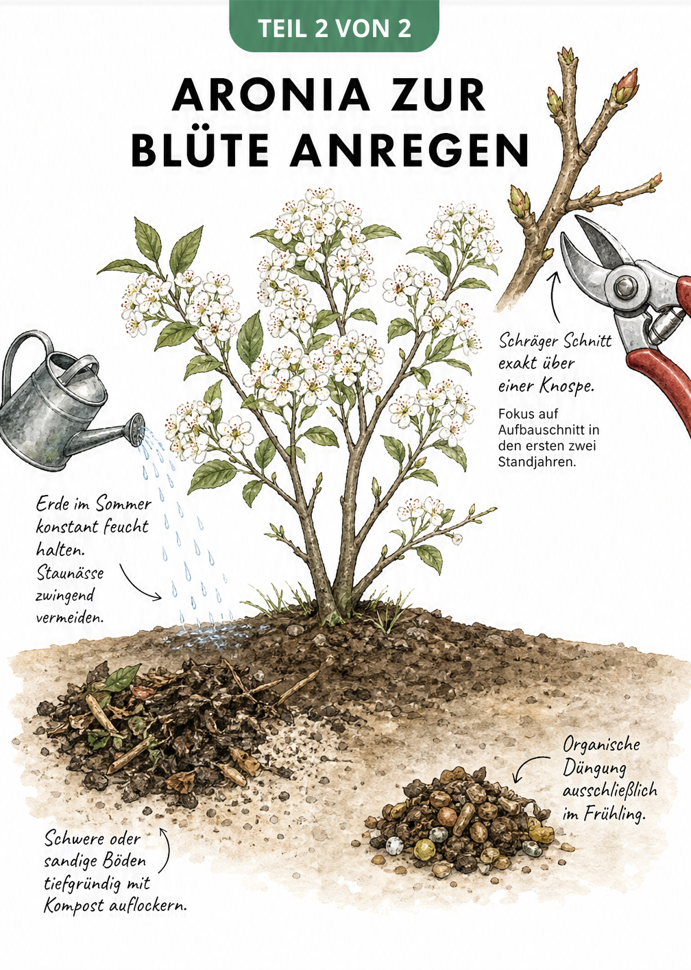 Illustration eines blühenden Aronia-Strauchs mit Pflegetipps: schräger Schnitt über der Knospe, konstante Bodenfeuchtigkeit ohne Staunässe, Bodenauflockerung...