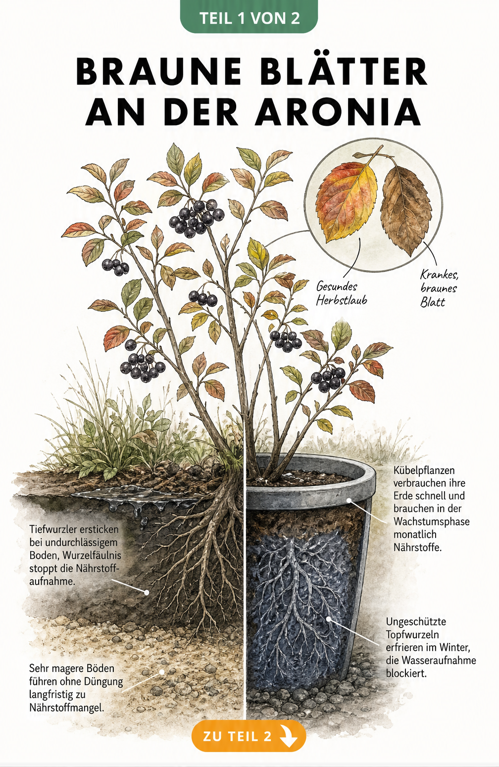 Botanische Illustration eines Aronia-Strauchs im Querschnitt, die Ursachen für braune Blätter wie Staunässe im Gartenboden und Frostschäden im Pflanzkübel...