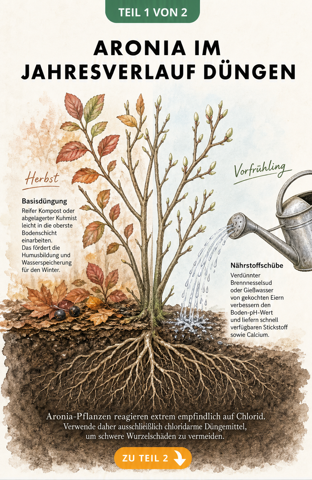 Botanische Illustration eines Aronia-Strauchs im Jahresverlauf mit Düngung im Herbst und Frühjahr