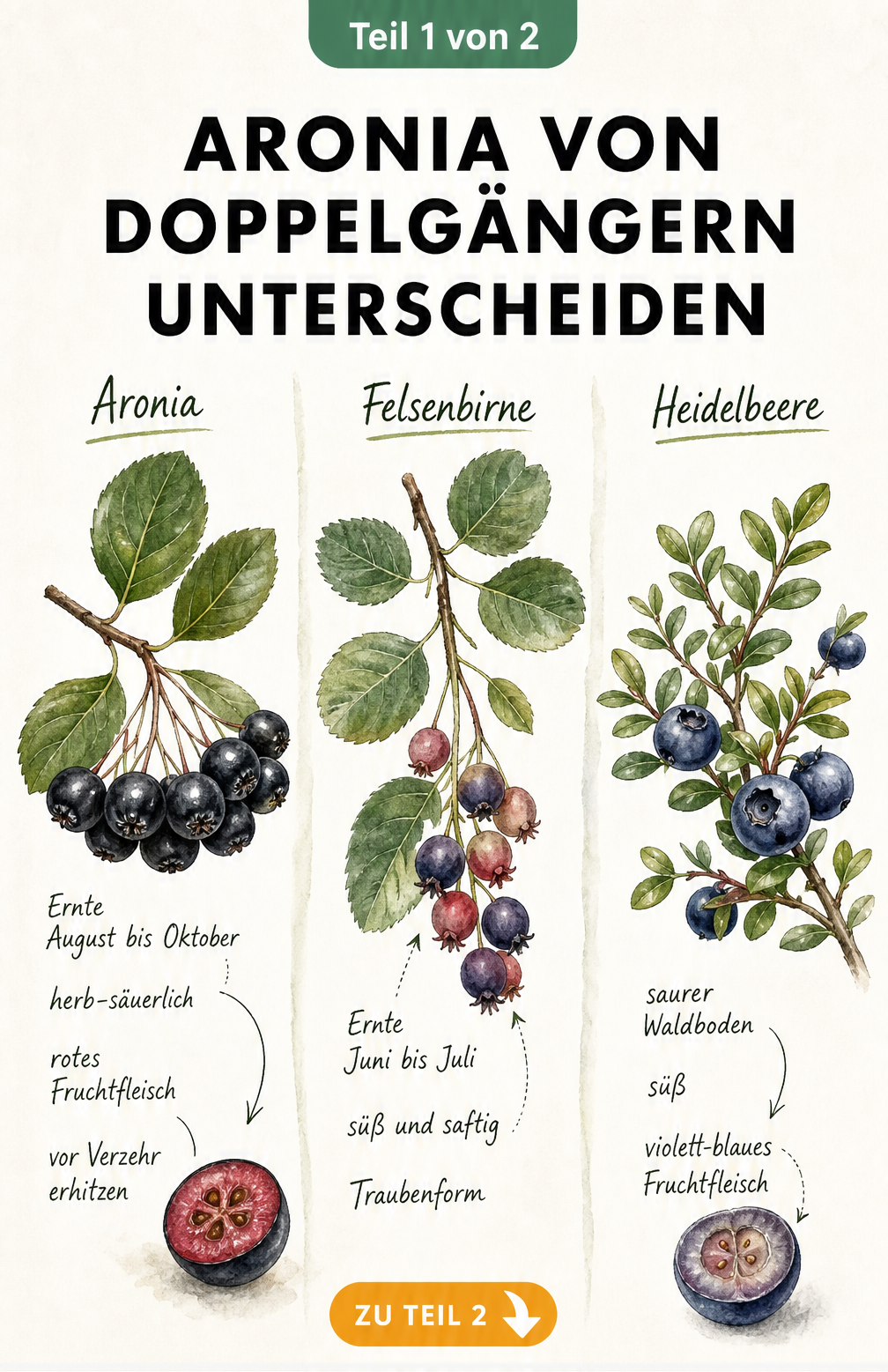 Botanische Illustration von Aronia, Felsenbirne und Heidelbeere mit Unterscheidungsmerkmalen