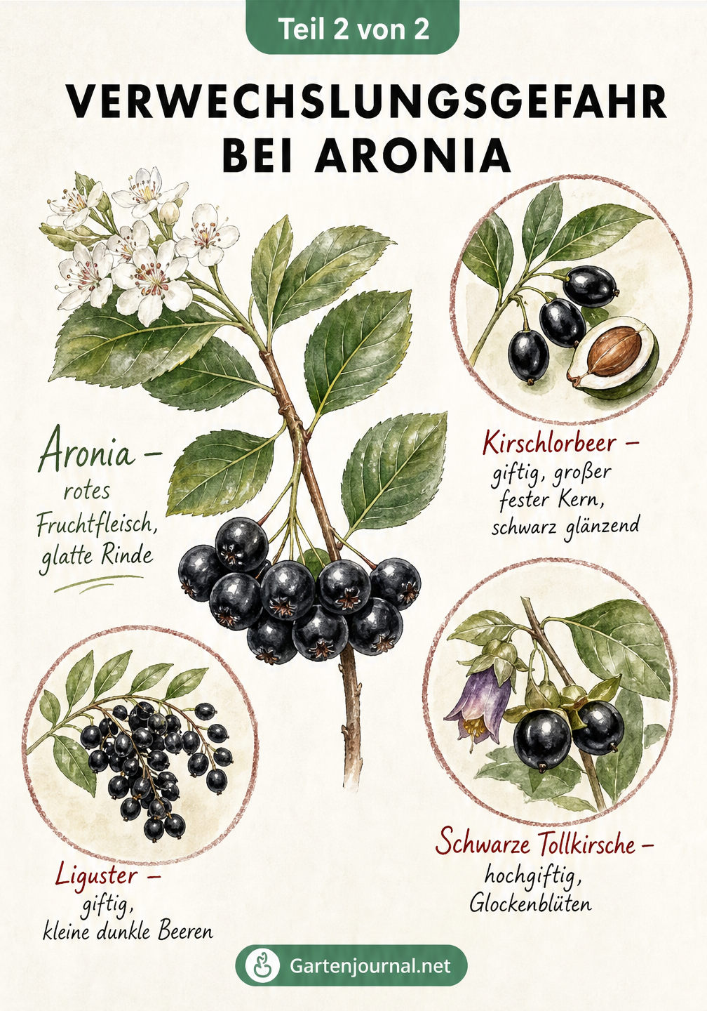 Illustration von Aronia und giftigen Doppelgängern wie Kirschlorbeer, Tollkirsche und Liguster