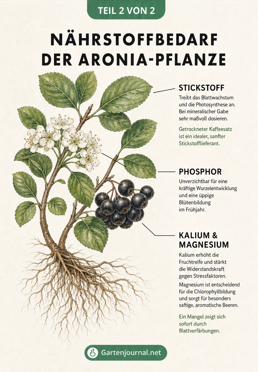 Illustration eines Aronia-Zweigs mit Blättern, Blüten und Beeren sowie dem jeweiligen Nährstoffbedarf