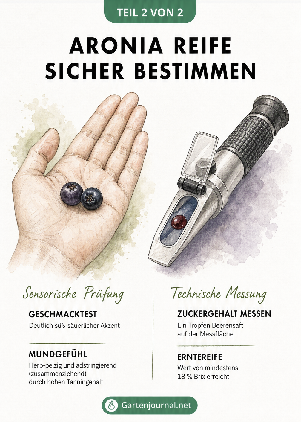 Illustration von Aroniabeeren auf einer Hand und einem Refraktometer zur Messung des Zuckergehalts