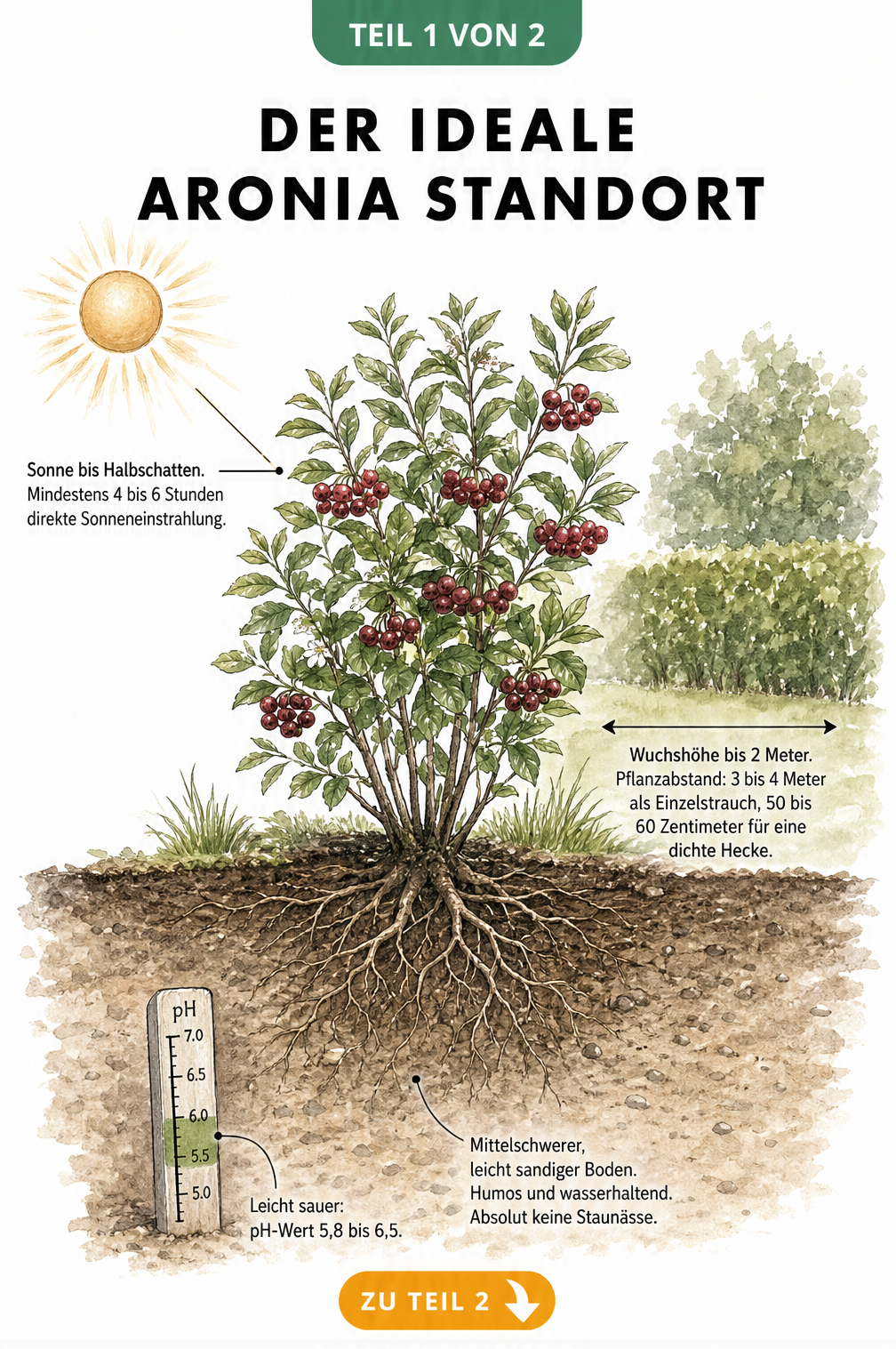 Botanische Illustration eines Aroniastrauchs mit Details zu Standort, Boden und Pflanzabstand