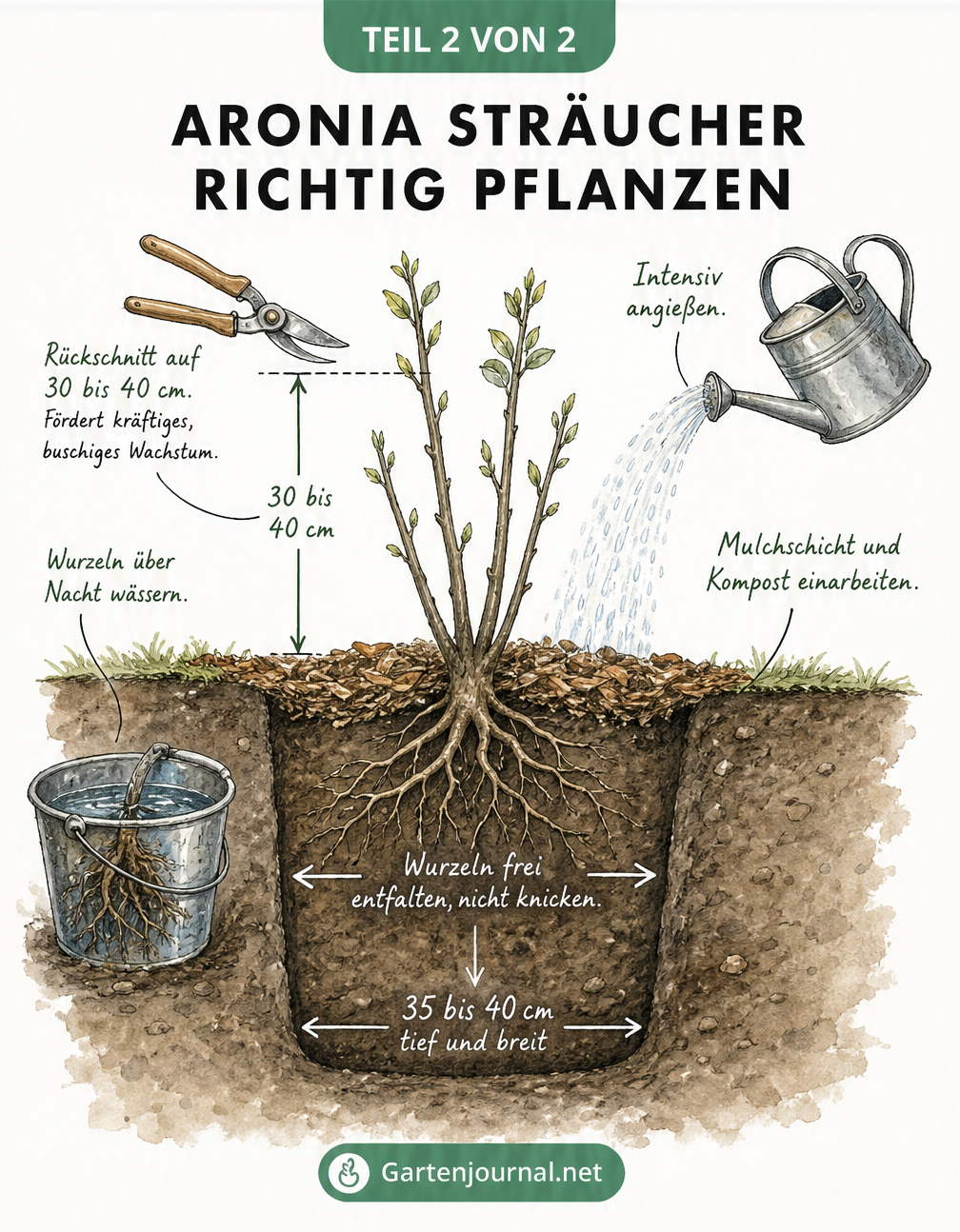 Querschnitt-Zeichnung eines Pflanzlochs mit einer frisch eingesetzten Aroniapflanze, Wurzeln und Mulchschicht