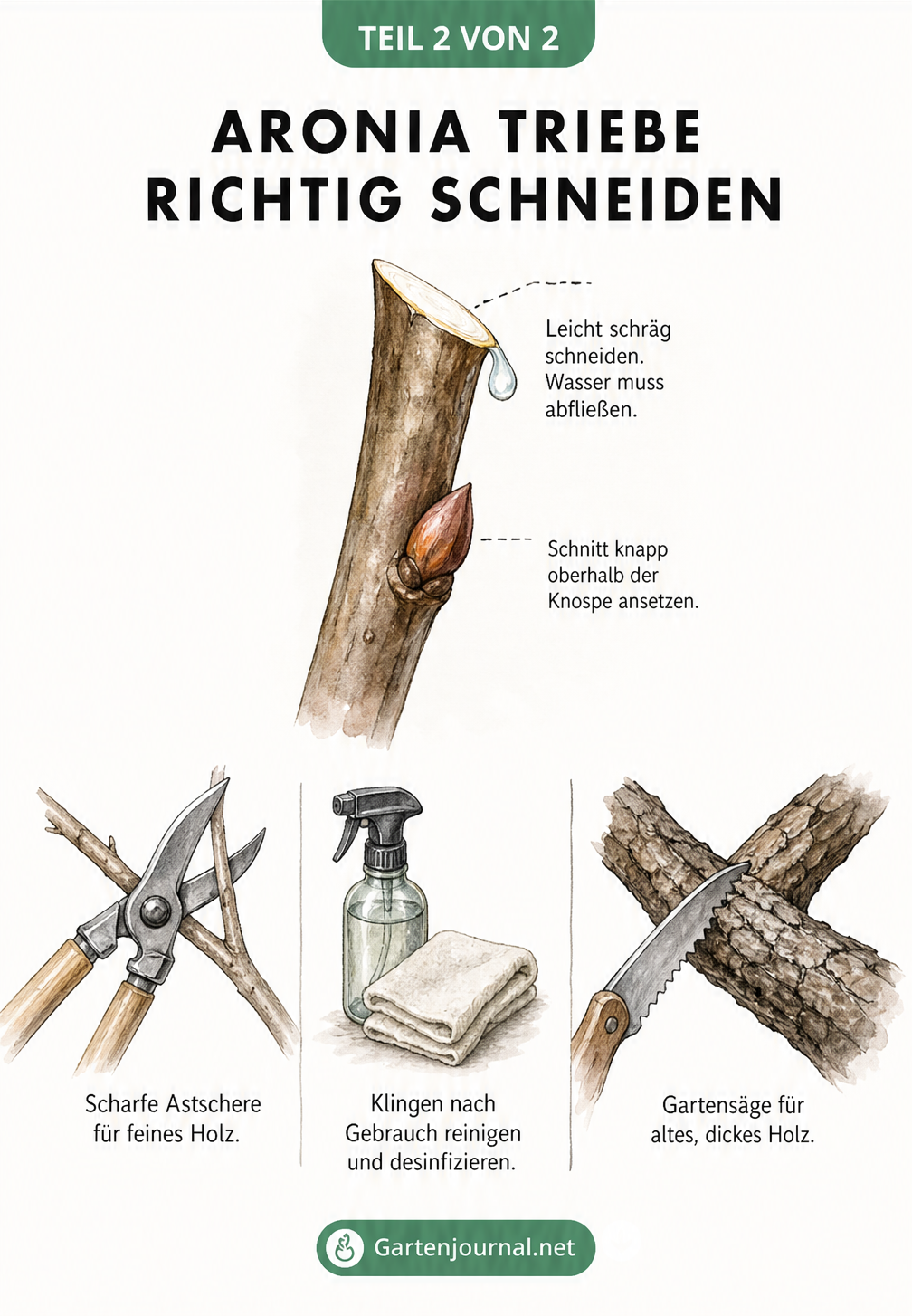 Detailzeichnung eines Aronia-Zweigs, die den schrägen Schnitt knapp über der Knospe zeigt, sowie Astschere und Gartensäge für verschiedene Holzdicken.