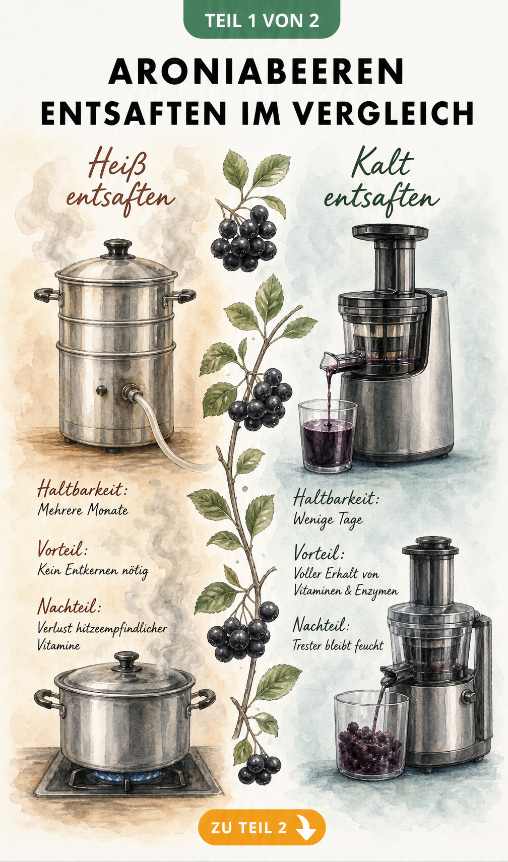 Illustration von Dampfentsafter und Kochtopf für heißes Entsaften sowie Saftpresse und Zentrifugenentsafter für kaltes Entsaften von Aroniabeeren