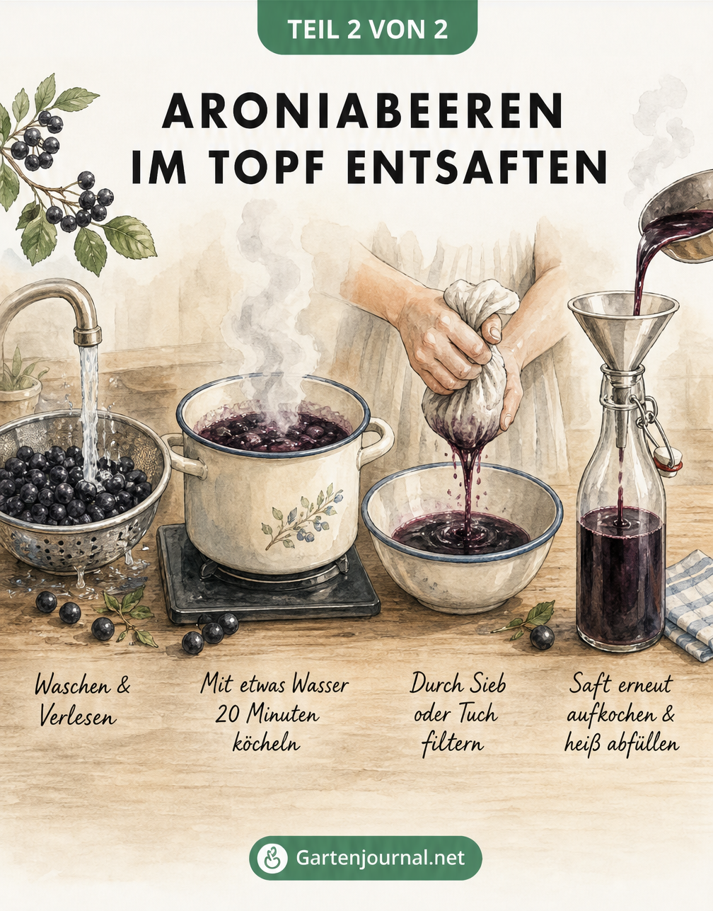 Aquarell-Illustration der Schritte zum Entsaften von Aroniabeeren im Kochtopf: Waschen, Köcheln, Filtern und Abfüllen