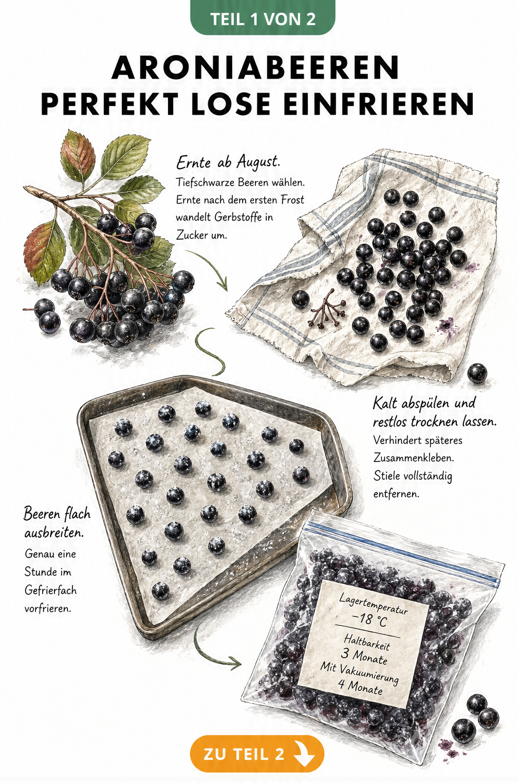 Illustration von Aroniabeeren auf einem Backblech und in einem Gefrierbeutel