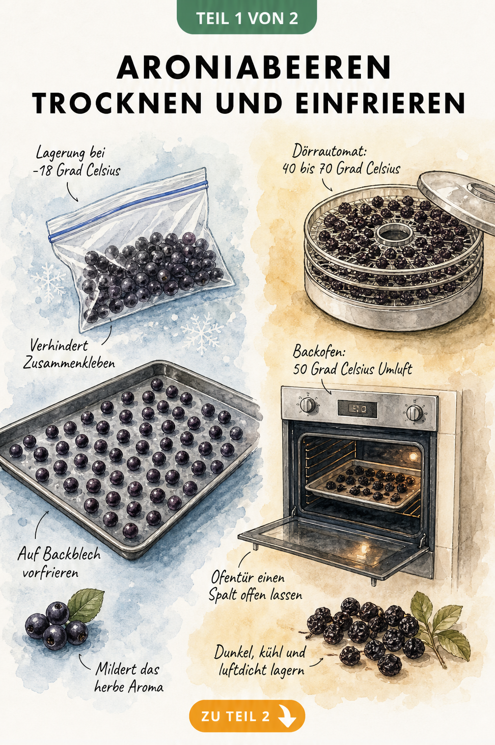 Illustration von Aroniabeeren auf einem Backblech zum Vorfrieren und im Dörrautomaten zum Trocknen