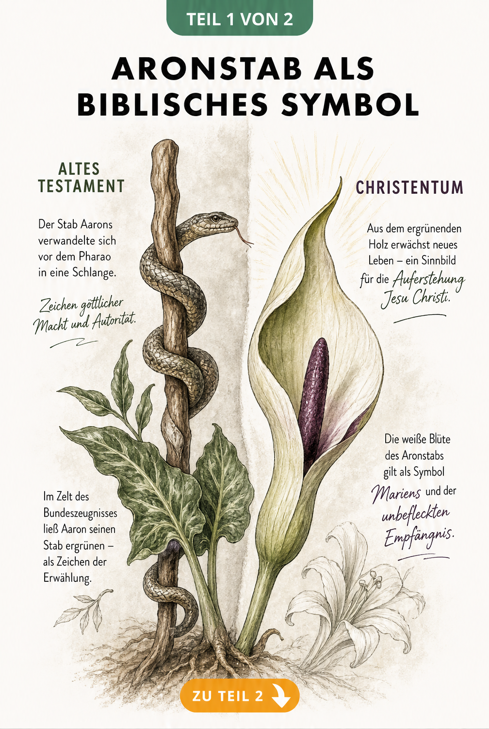 Botanische Illustration der Aronstab-Blüte mit biblischen Symbolen wie dem Stab Aarons und Mariensymbolik
