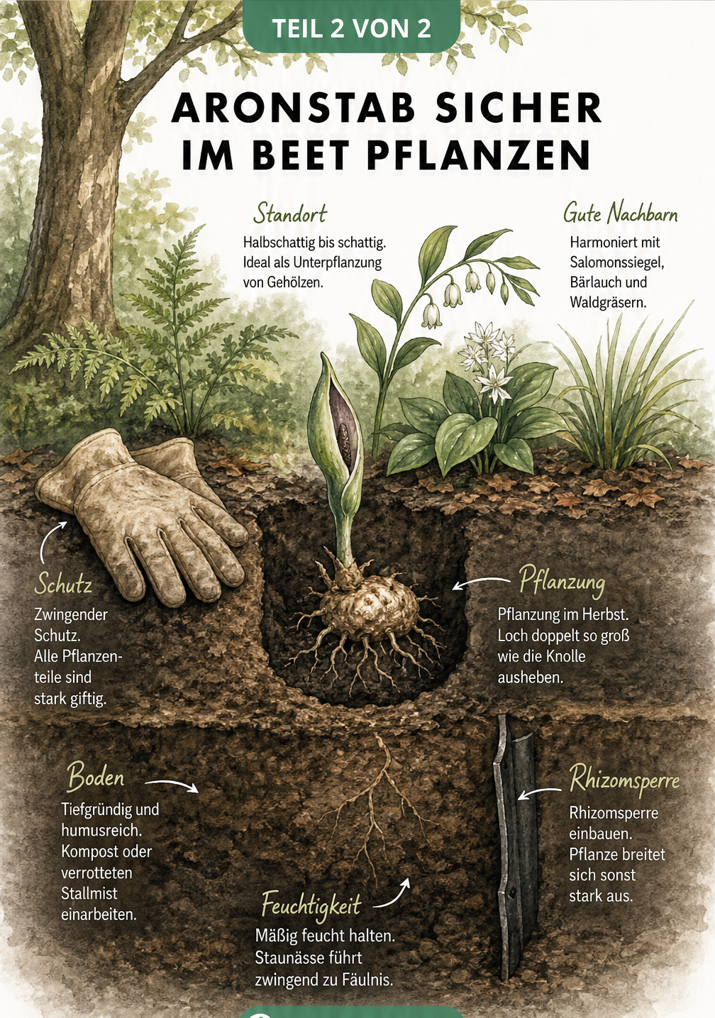 Querschnitt durch ein Gartenbeet mit Aronstab-Knolle, Erdschichten, Rhizomsperre und Gartenhandschuhen