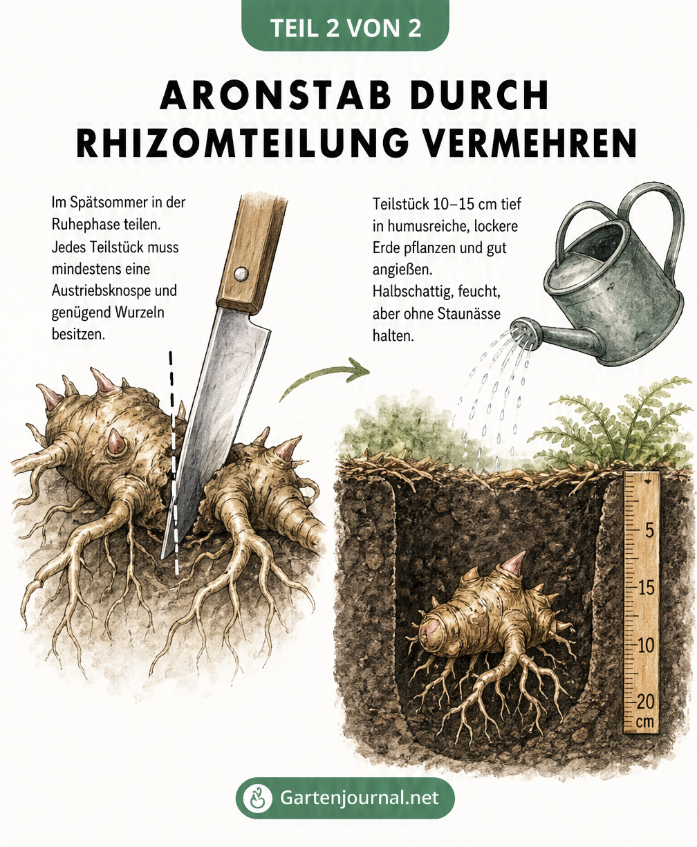 Zeichnung der Aronstab-Rhizomteilung mit Messer, Austriebsknospen und Pflanzung in humusreicher Erde