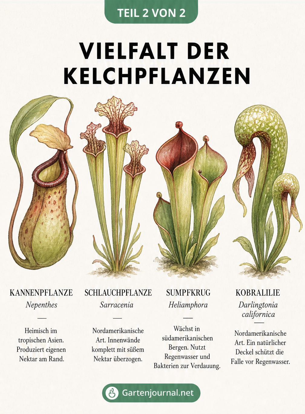 Illustration von vier verschiedenen Kelchpflanzen: Kannenpflanze, Schlauchpflanze, Sumpfkrug und Kobralilie