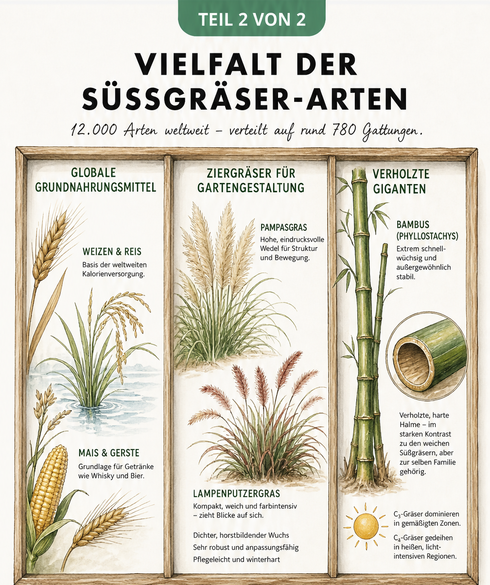 Illustration der Süßgräser-Artenvielfalt: Grundnahrungsmittel, Ziergräser und Bambus