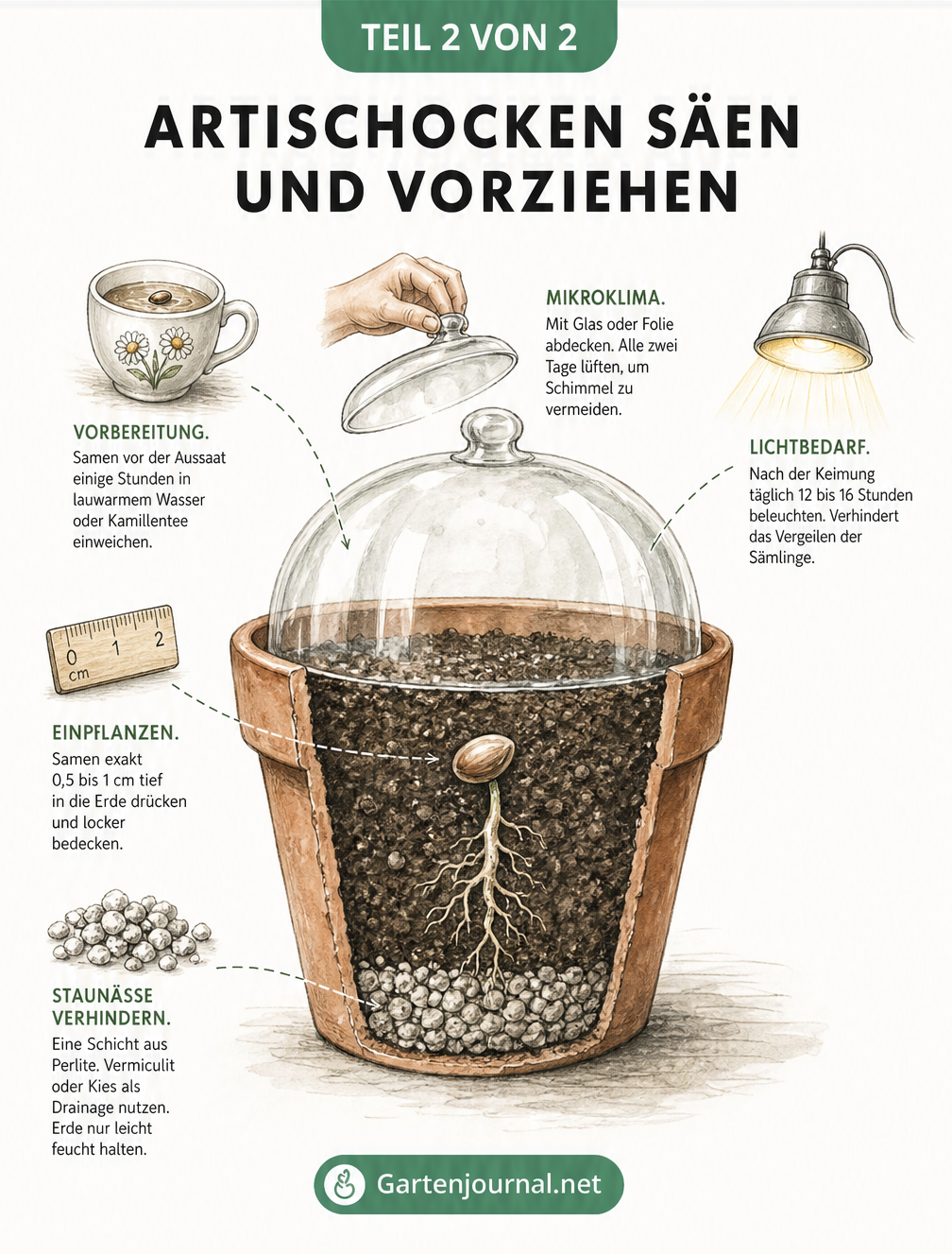 Querschnitt eines Anzuchttopfes für Artischocken mit Drainage, Erde und Samenkorn