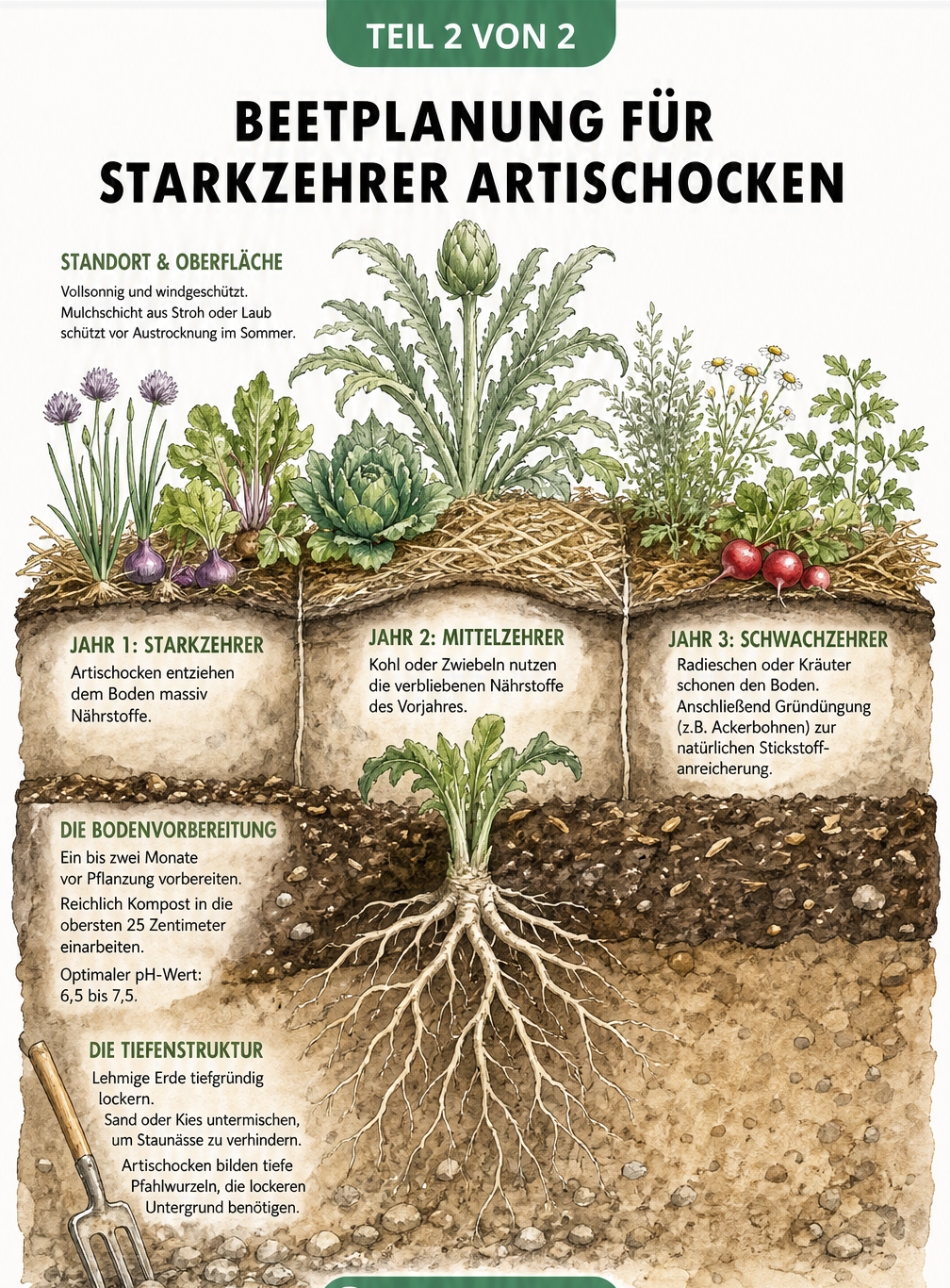 Botanische Illustration einer Artischockenpflanze mit Düngeplan von Frühjahr bis Spätsommer