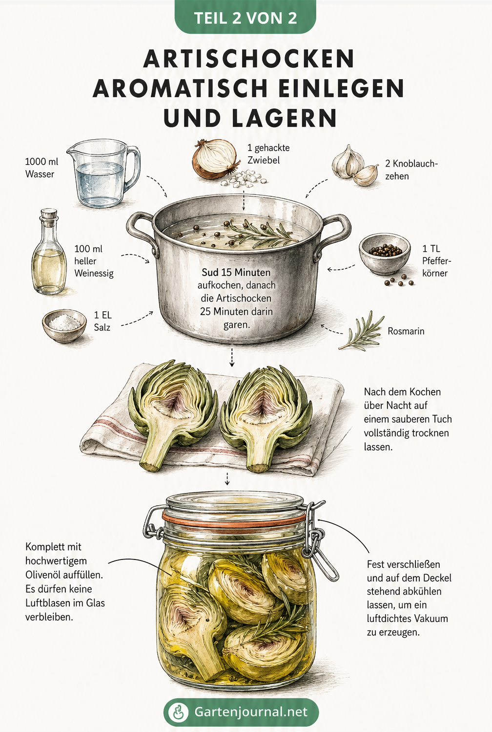 Illustration zum Einlegen von Artischocken: Sud kochen, Artischocken trocknen und im Bügelglas mit Olivenöl luftdicht verschließen.