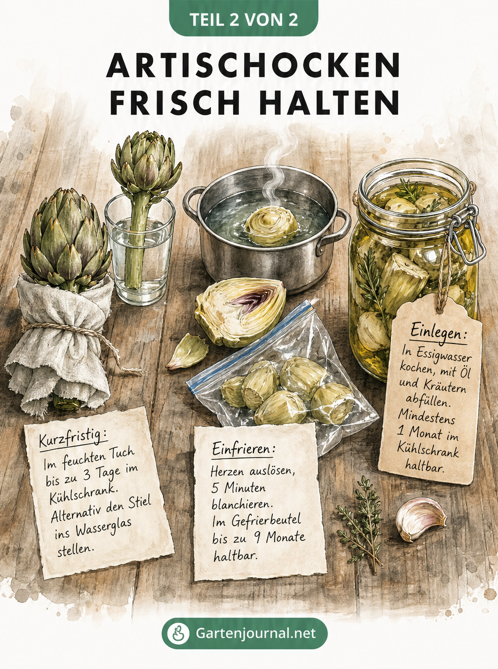 Illustration verschiedener Methoden zur Aufbewahrung von Artischocken: im feuchten Tuch, eingefroren oder in Öl eingelegt