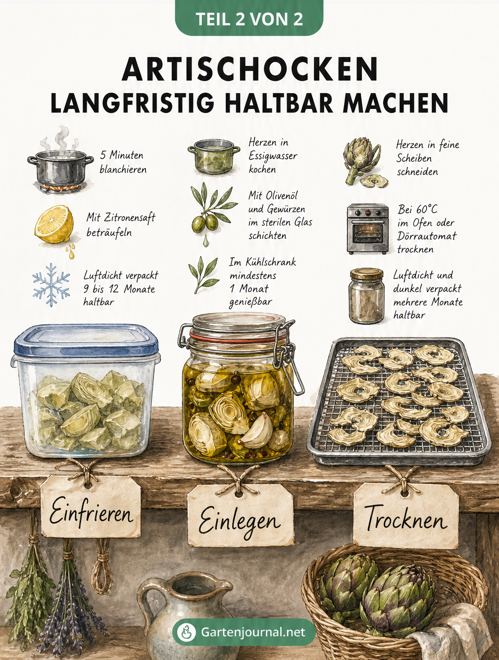 Illustration zur langfristigen Haltbarmachung von Artischocken durch Einfrieren, Einlegen und Trocknen