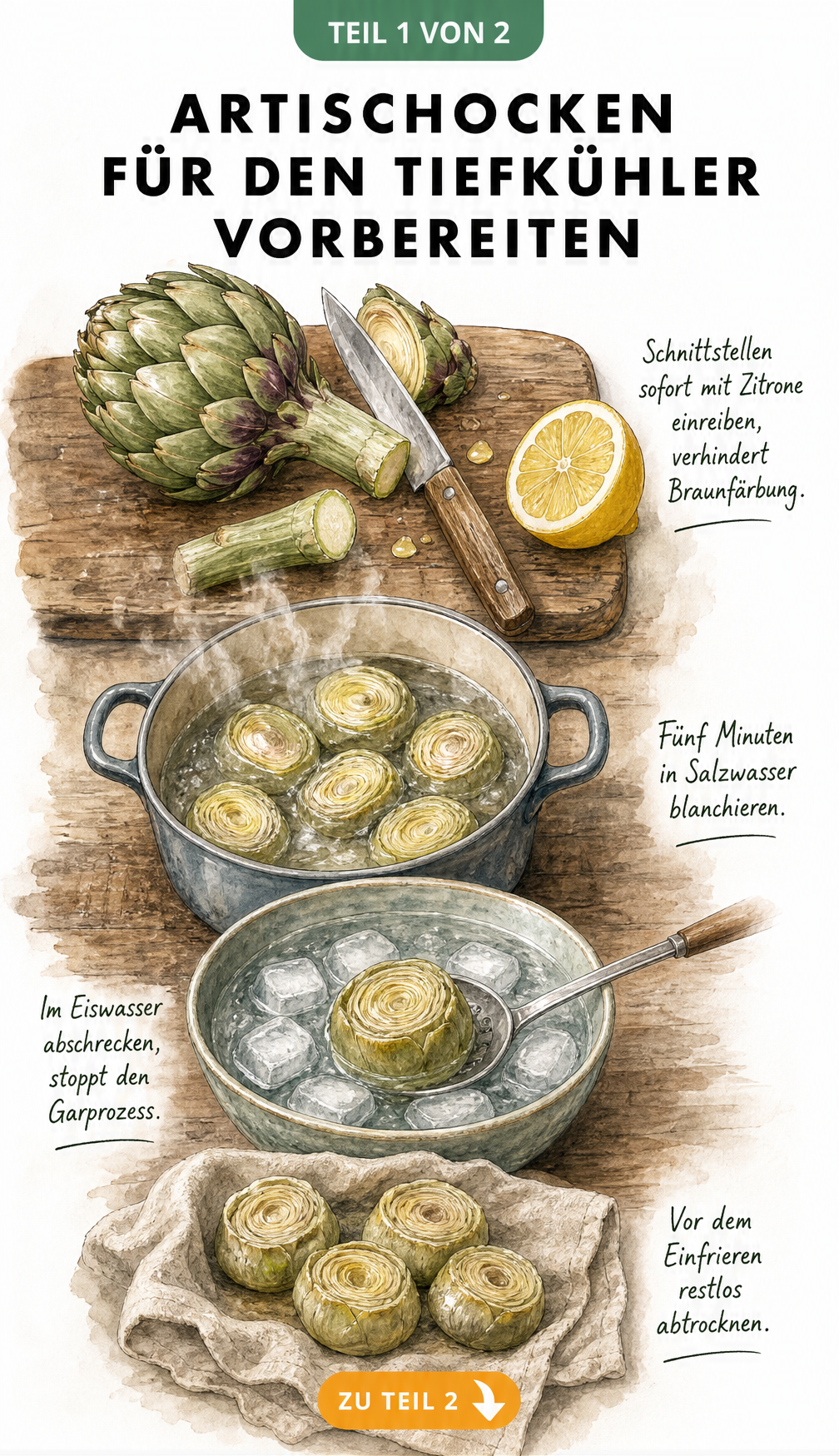 Illustration der Vorbereitung von Artischocken zum Einfrieren mit Zitrone, Blanchieren und Eiswasser