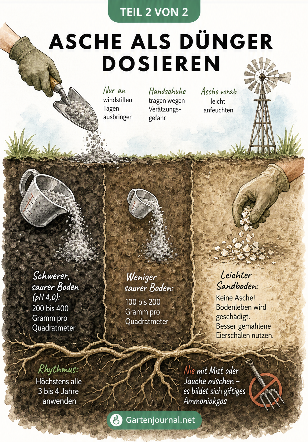 Aquarell-Illustration eines Bodenprofils, die die richtige Dosierung von Asche als Dünger für verschiedene Bodenarten zeigt.