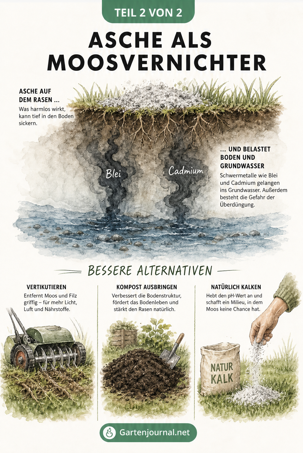 Illustration der Umweltrisiken durch Schwermetalle in Asche und umweltschonende Alternativen wie Vertikutieren, Kompost und Kalk